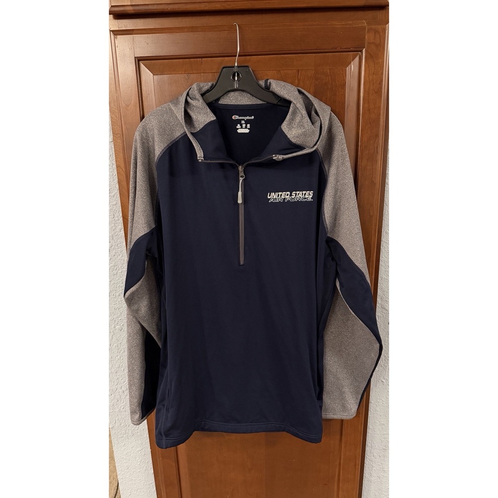 Champion Blue Gray U.S. Air Force 1/2 Zip Hoodie Sweatshirt Pull Over Size XL